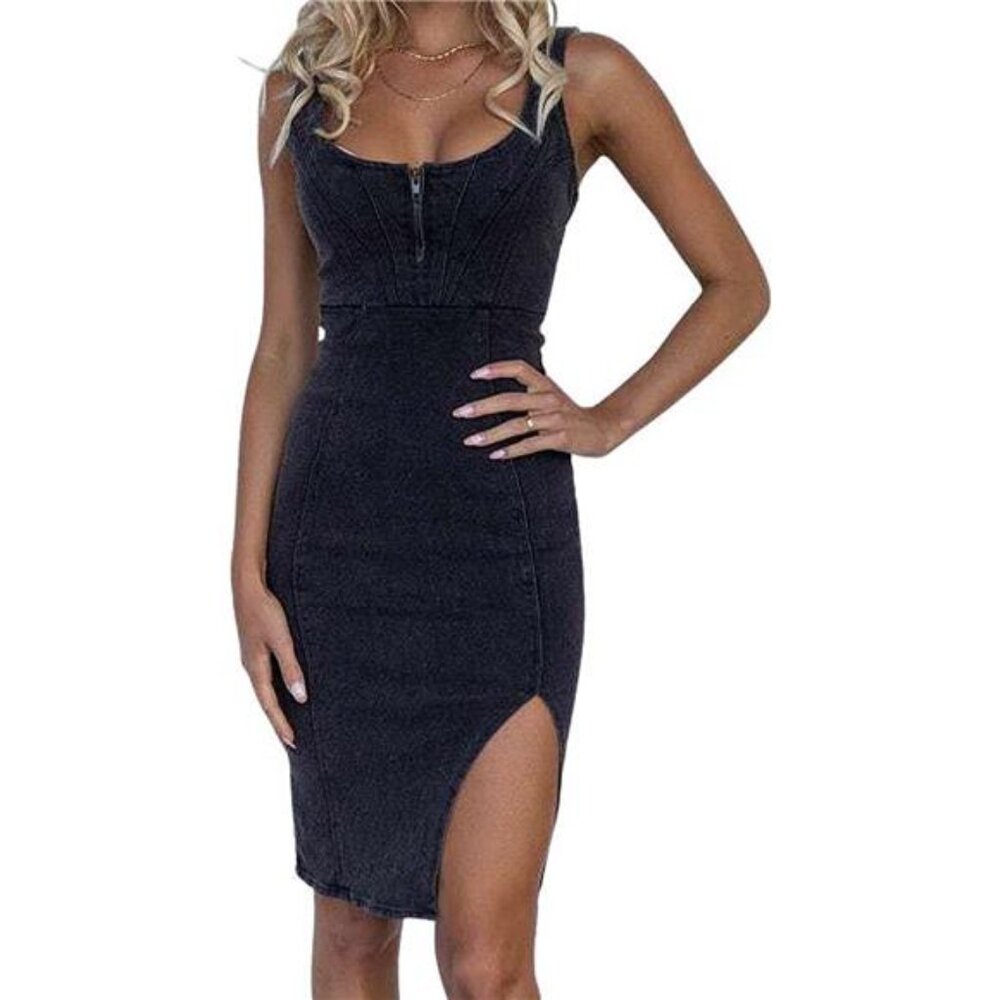 Women's Denim Dress Sleeveless Side Slit Bodycon Midi Jean Dress